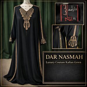 Dar Nasmah Beaded Kaftan Gown Black Gold Arabic Couture Formal Dress